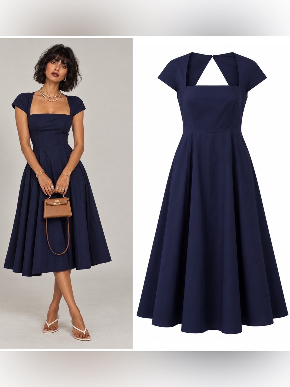 Classic Navy Square-Neck Midi Dress